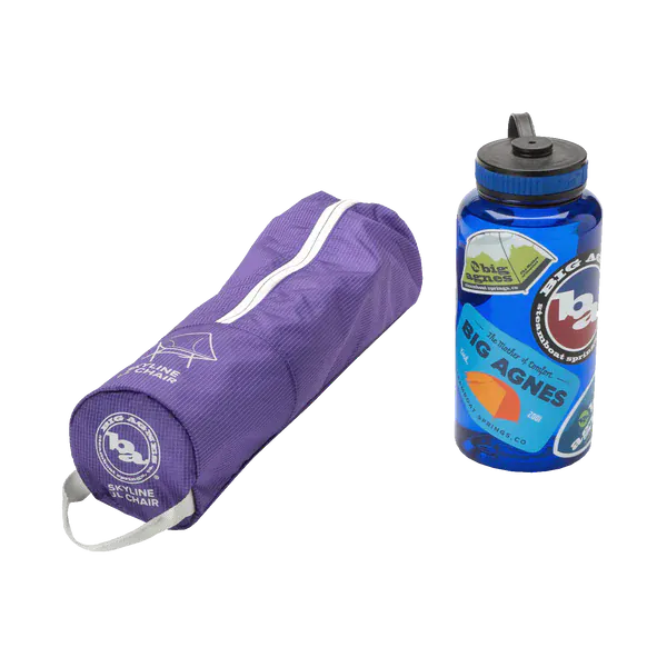 Load image into Gallery viewer, Purple yoga mat bag and blue water bottle with branding on a white background
