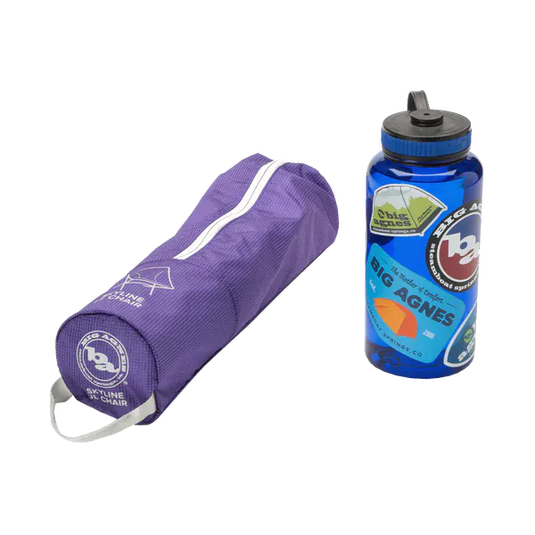 Purple yoga mat bag and blue water bottle with branding on a white background