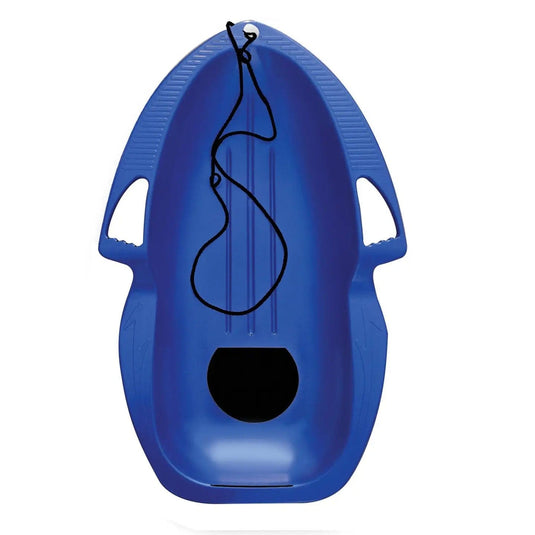 Blue sled with a black rope on a white background