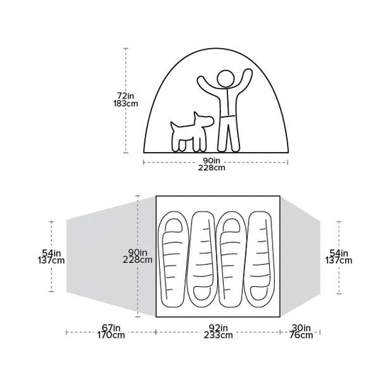 Measurement chart showing dimensions of a dog playpen with a person and dog illustration.