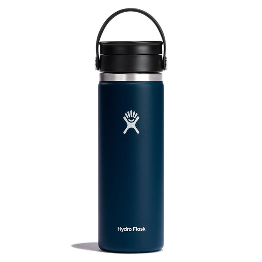 Navy blue Hydro Flask water bottle with black lid on a white background