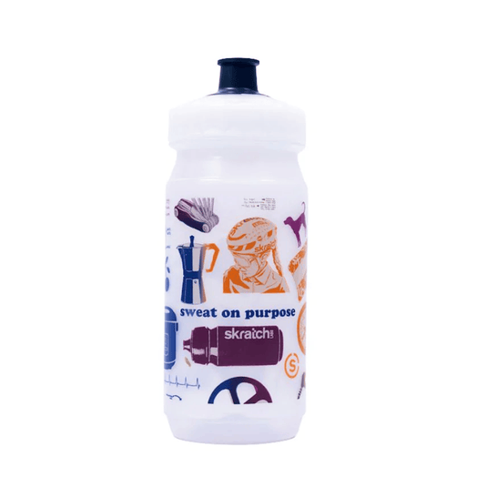 White water bottle with colorful graphics and 'skratch' branding on a white background