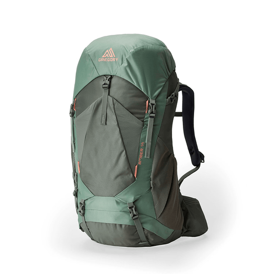 Green and gray backpack with Gregory logo on a white background