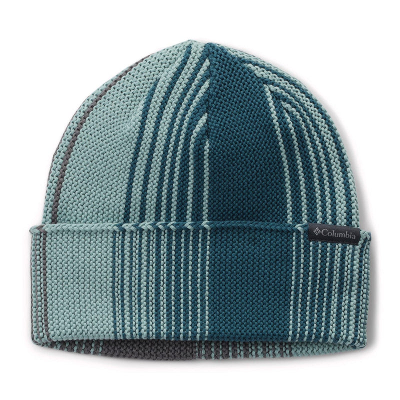 Load image into Gallery viewer, Teal knit beanie with white stripes on a white background
