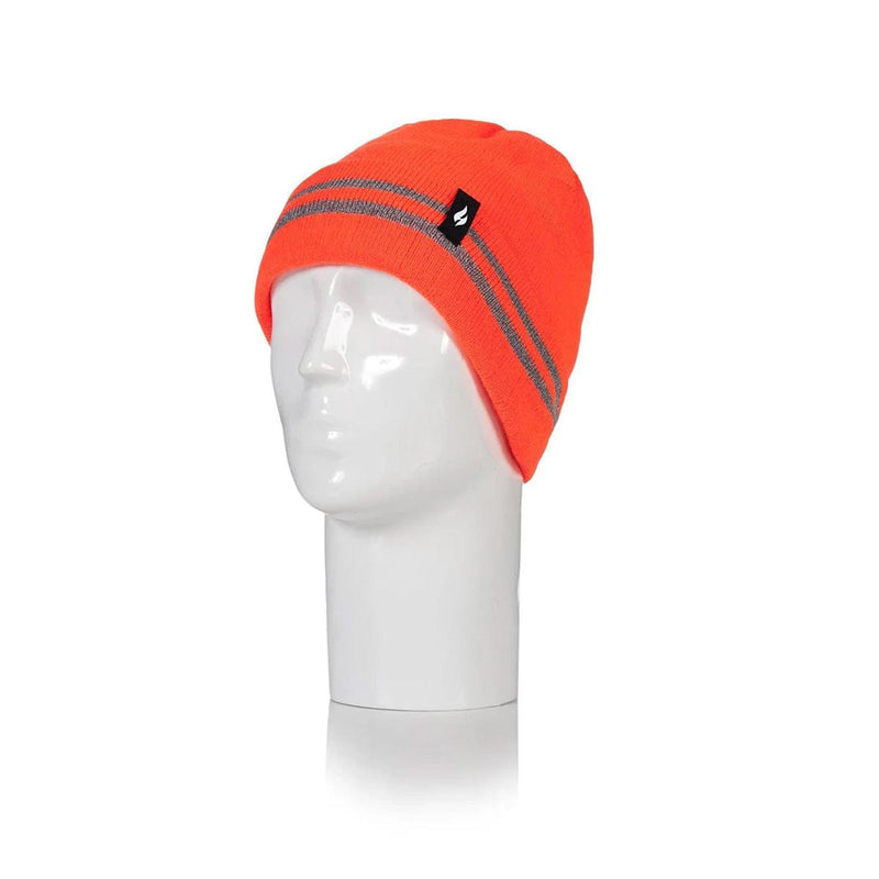 Load image into Gallery viewer, Orange beanie with reflective stripes on a mannequin head against a white background
