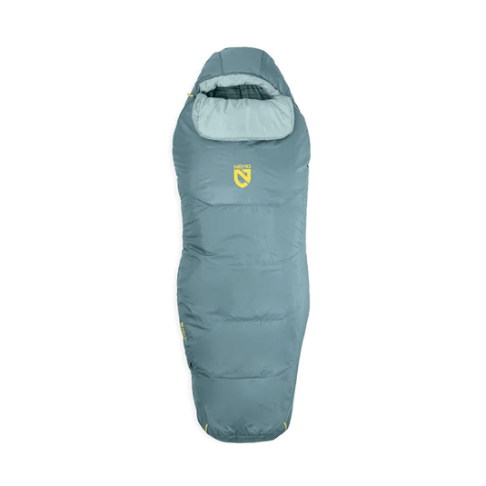 Blue sleeping bag with a brand logo on a white background