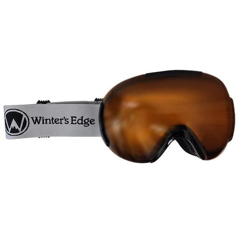 Load image into Gallery viewer, Brown goggles with a 'Winter's Edge' tag on a white background
