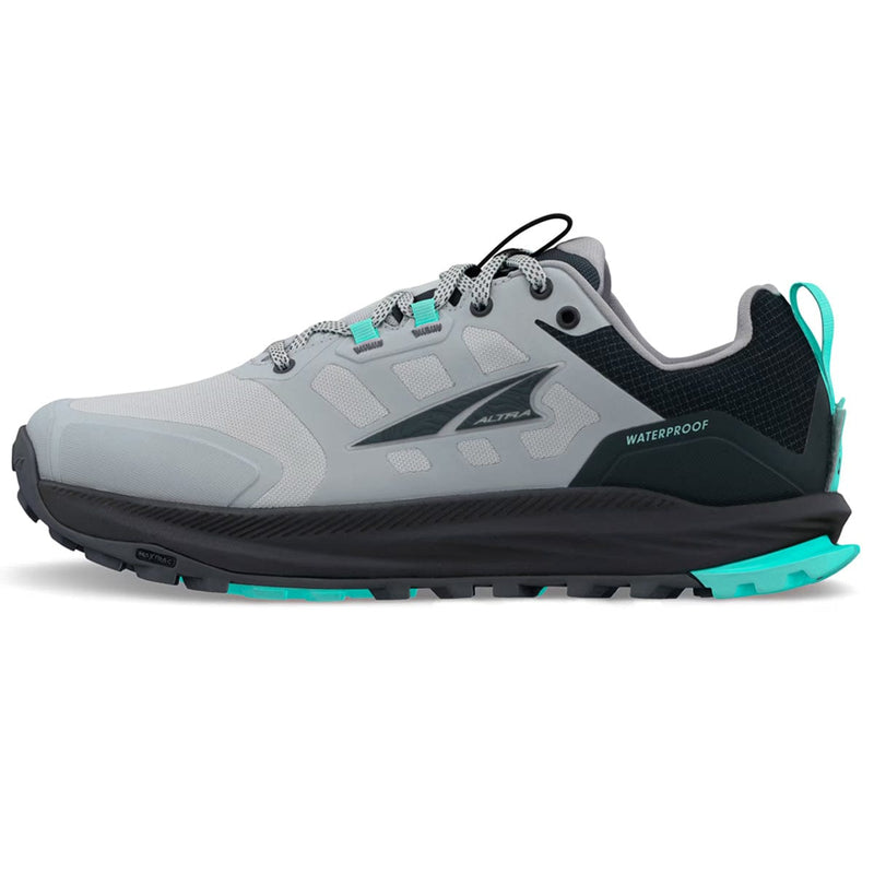 Load image into Gallery viewer, Gray and black trail running shoe with teal accents on a white background
