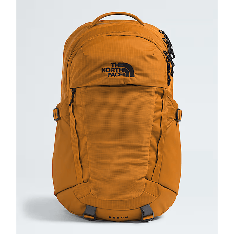 Load image into Gallery viewer, Orange backpack with The North Face logo on a light gray background
