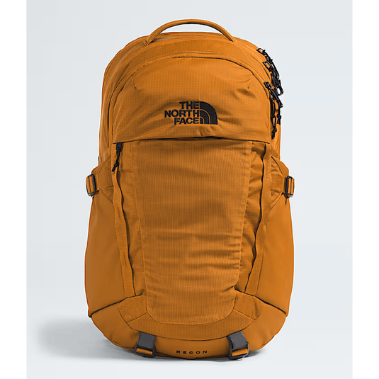 Orange backpack with The North Face logo on a light gray background