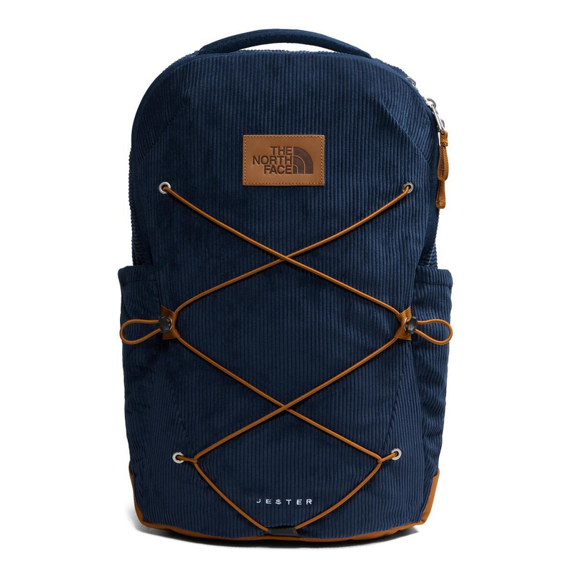 Load image into Gallery viewer, Blue backpack with brown accents and The North Face logo on a white background
