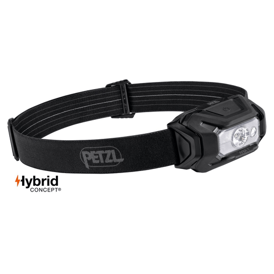 Black headlamp with Petzl logo on a white background