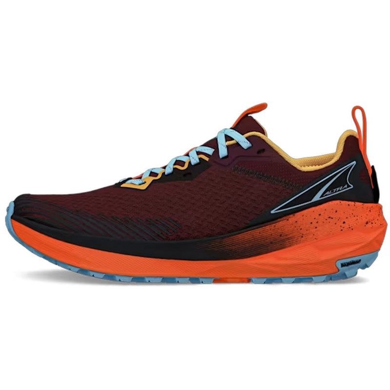 Load image into Gallery viewer, Maroon and orange running shoe with blue accents on a white background
