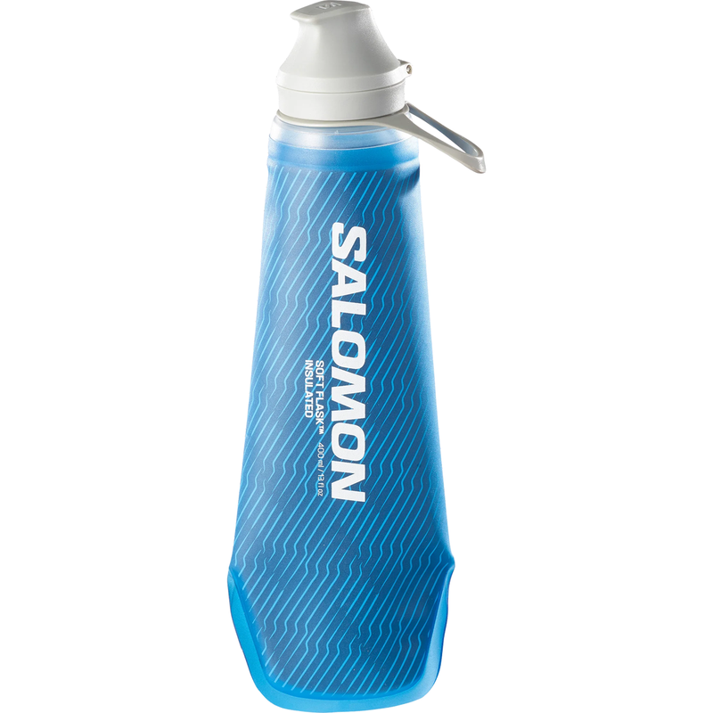 Load image into Gallery viewer, Blue water bottle with white cap and 'Salomon' branding on a white background
