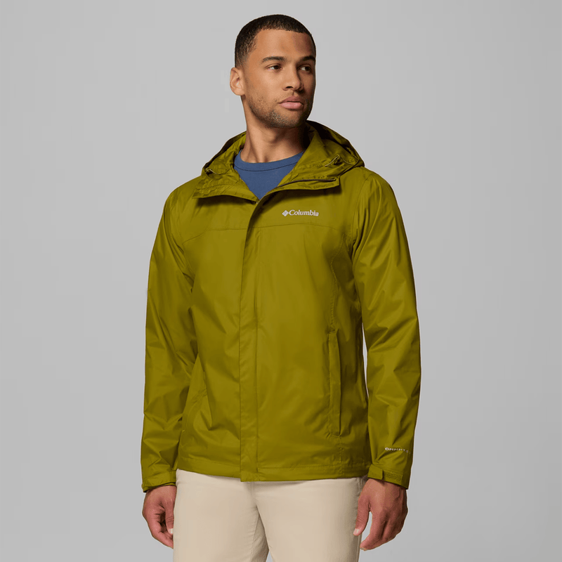 Load image into Gallery viewer, Man wearing a green Columbia jacket on a gray background
