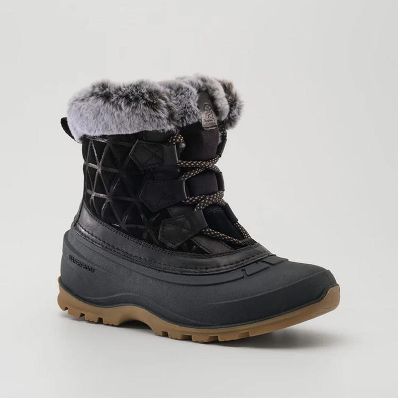 Load image into Gallery viewer, Black winter boot with gray fur lining on a light gray background
