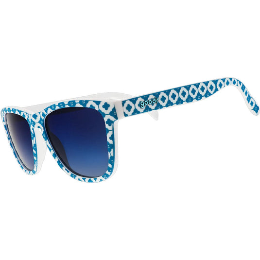 Sunglasses with blue and white patterned arms on a white background