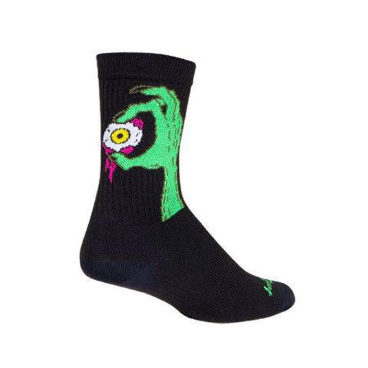 Black sock with a green alien face design on a white background