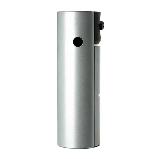 Silver cylindrical object with a black component on a white background