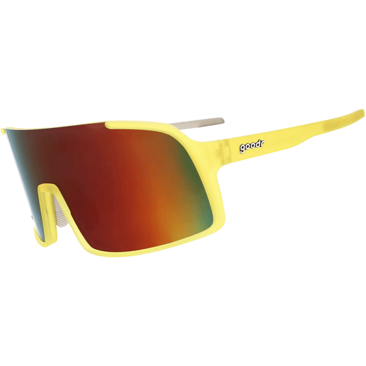 Yellow sunglasses with red-tinted lenses on a white background