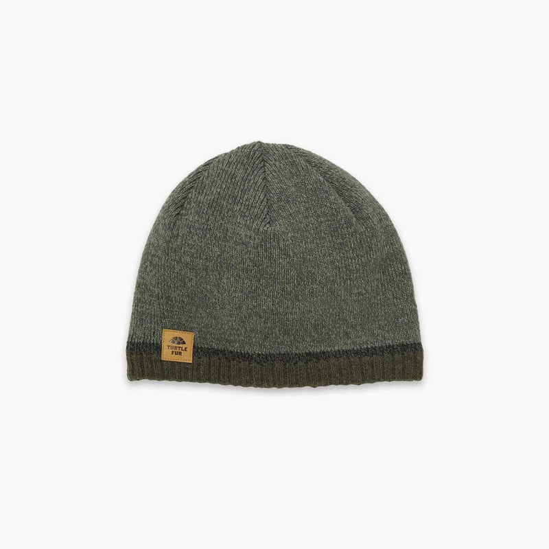 Load image into Gallery viewer, Green knit beanie with a brand label on a white background
