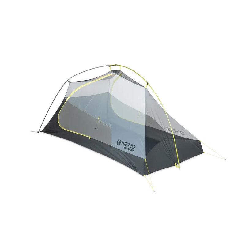 Load image into Gallery viewer, Gray camping tent with yellow accents on a white background, featuring the Nemo brand.
