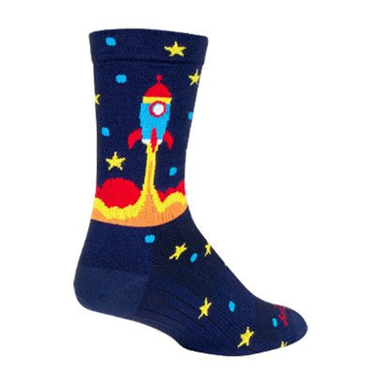 Navy sock with a colorful rocket design on a white background