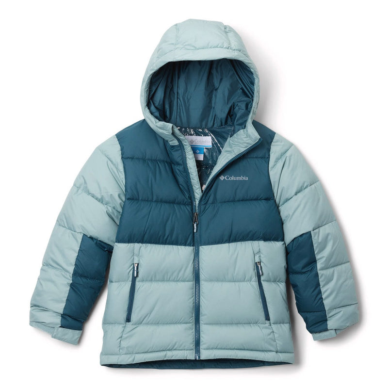 Load image into Gallery viewer, Children's puffer jacket with a hood in blue and gray on a white background
