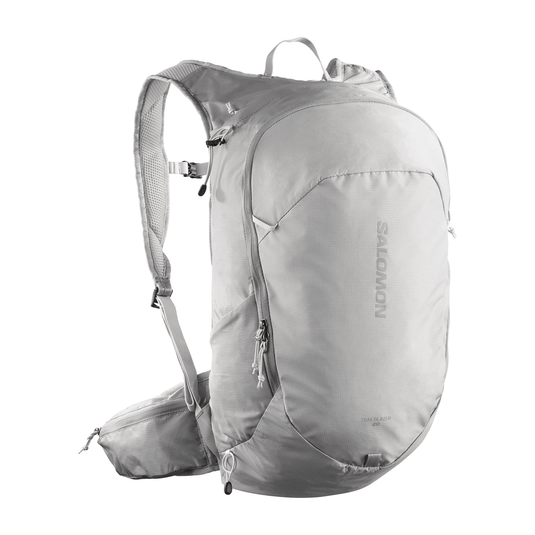 Gray backpack with visible brand logo on a white background
