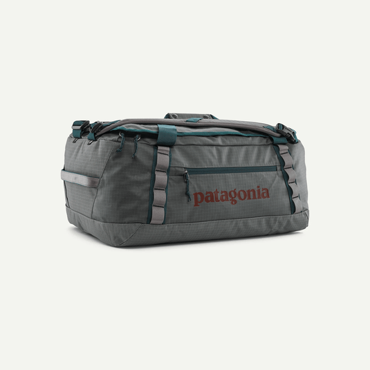 Gray duffel bag with Patagonia logo on a white background