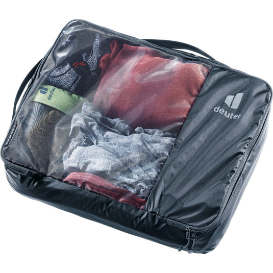 Gray packing cube with clothes inside, featuring the Deuter brand logo.