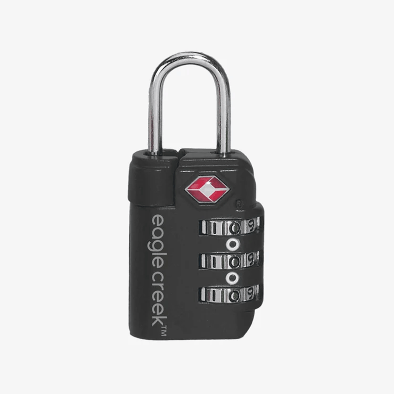Load image into Gallery viewer, Black combination lock with silver shackle on a white background, featuring the Eagle Creek logo.
