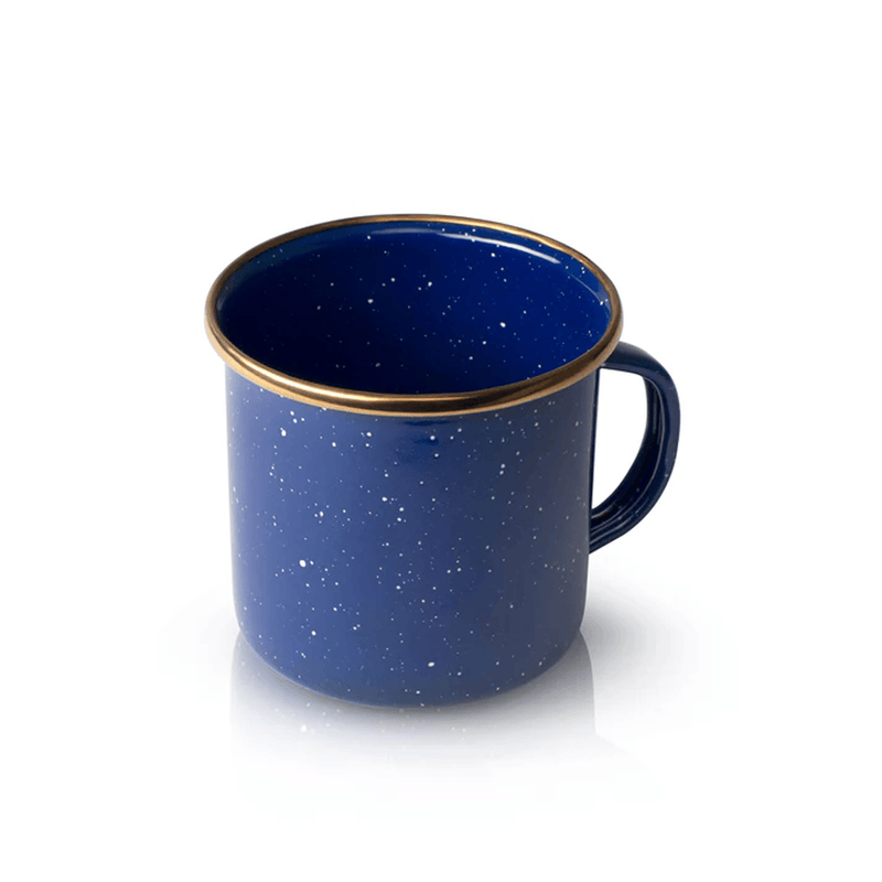 Load image into Gallery viewer, Blue speckled mug with gold rim on a white background
