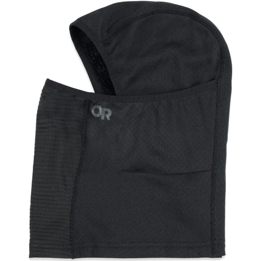 Black hooded balaclava with a brand logo on a white background
