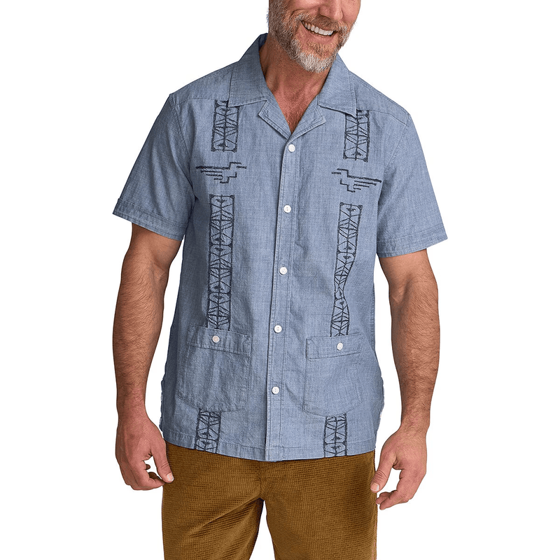 Load image into Gallery viewer, Howler Brothers Guayabera Shirt - Pictographs Washed Indigo Chambray
