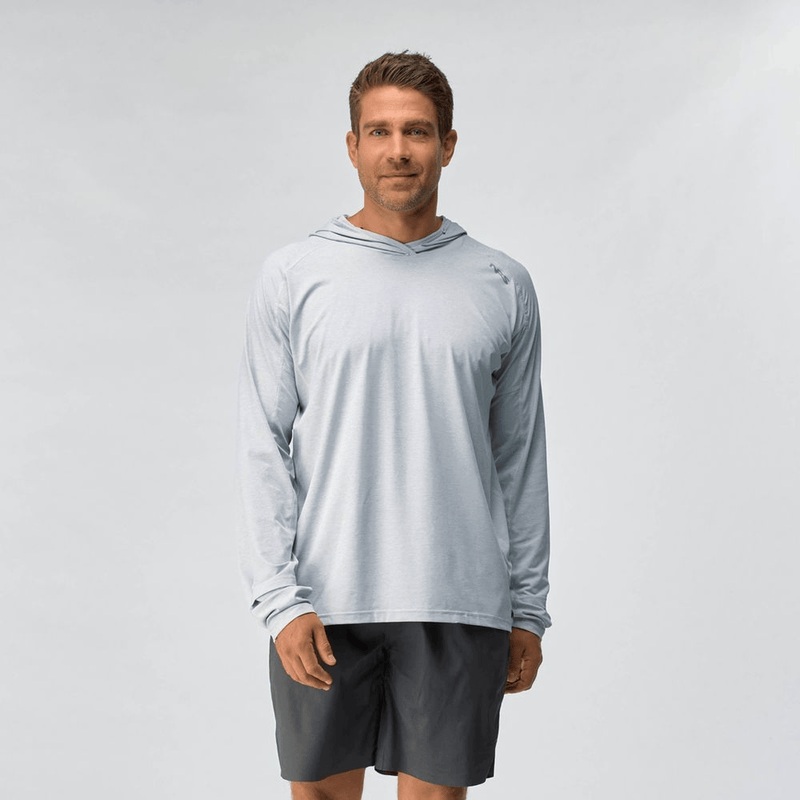 Load image into Gallery viewer, Man wearing a light gray long-sleeve hoodie and dark gray shorts on a white background

