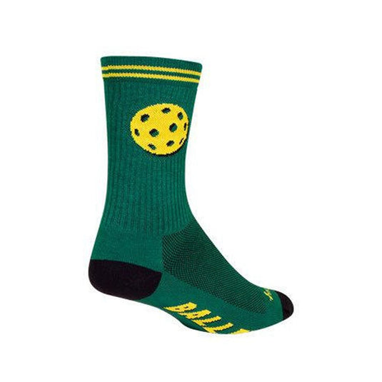 Green sock with yellow pickleball design on a white background