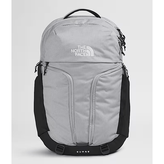 Gray backpack with The North Face logo on a light gray background
