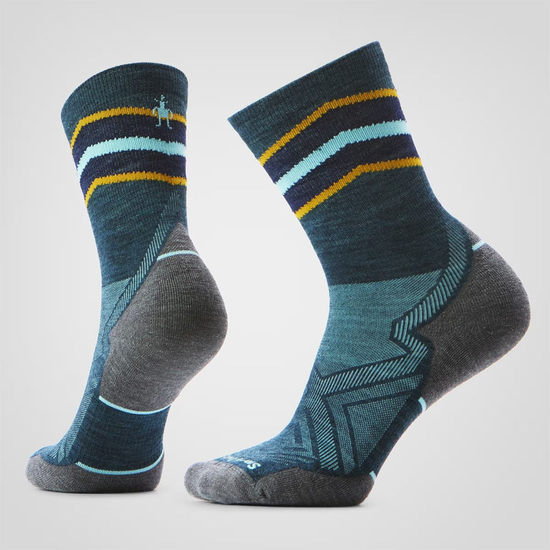 Load image into Gallery viewer, Pair of blue and gray socks with striped pattern on a light gray background
