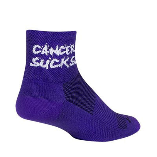 Purple sock with 'Cancer Sucks' text on a white background