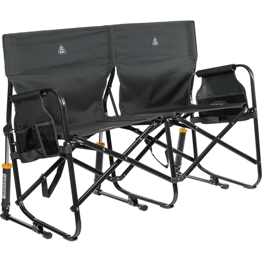 Black camping chair with attached footrest on a white background
