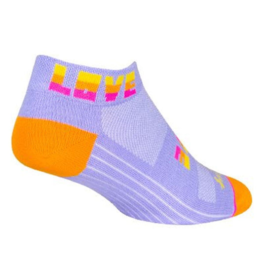 Purple ankle sock with orange heel and pink 'LOVE' text on a white background