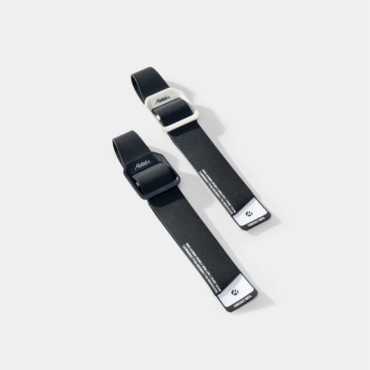 Two black straps with silver buckles on a light gray background