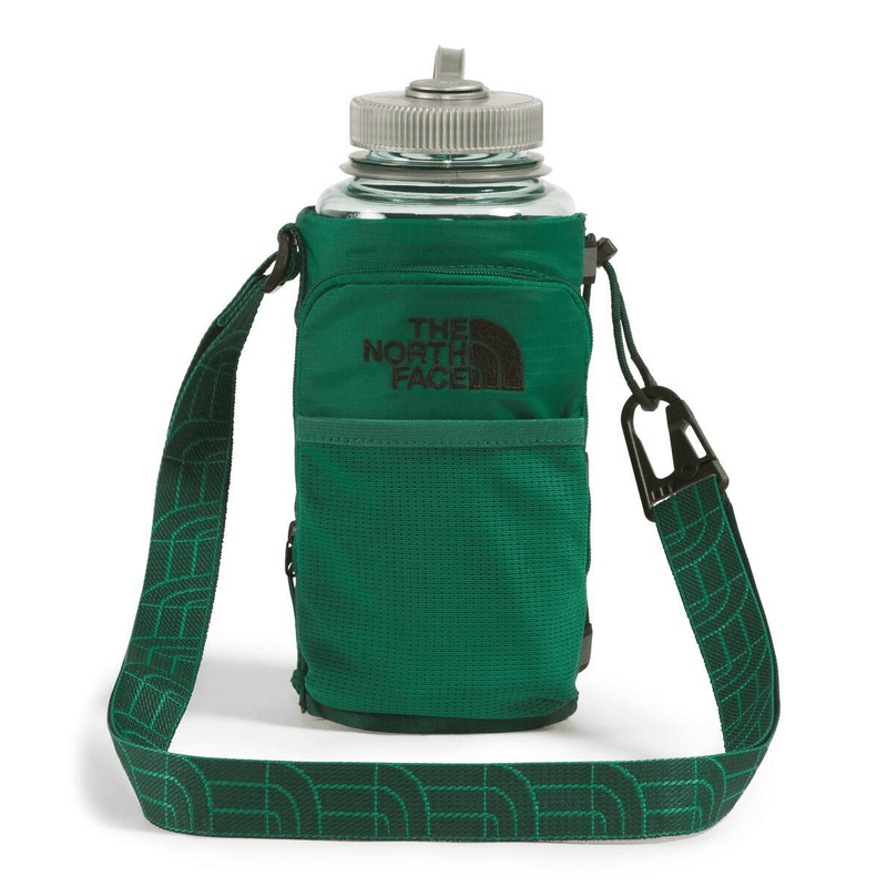 Load image into Gallery viewer, Green water bottle holder with strap featuring The North Face logo on a white background
