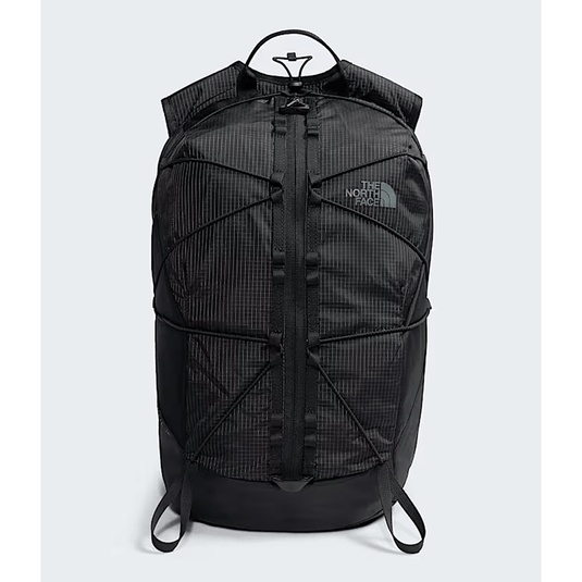 Black backpack with The North Face logo on a light gray background