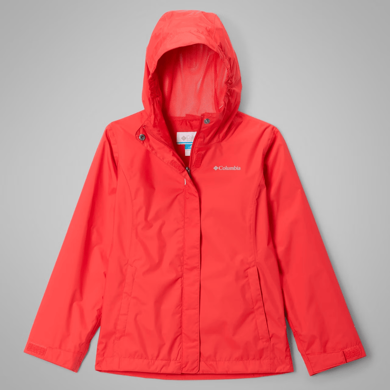 Load image into Gallery viewer, Red rain jacket with Columbia logo on a gray background
