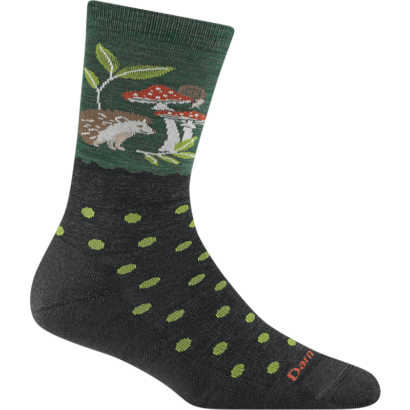 Load image into Gallery viewer, Sock with nature-themed design featuring a bear, mushrooms, and plants on a white background
