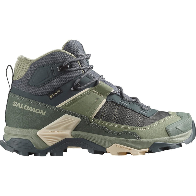 Load image into Gallery viewer, Green hiking boot with Salomon branding on a white background
