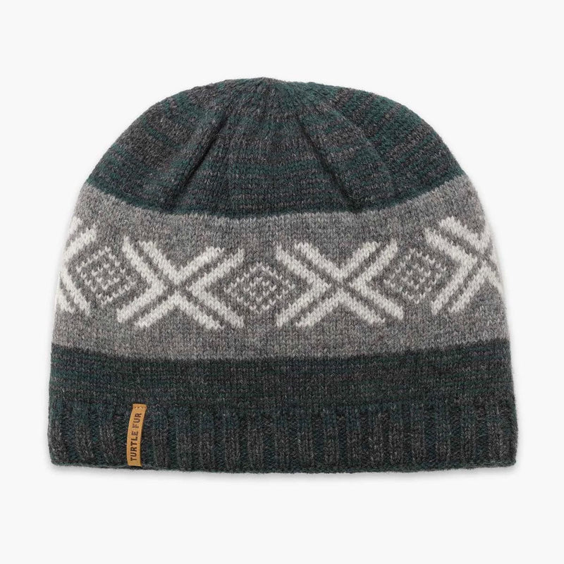 Load image into Gallery viewer, Knitted beanie with geometric pattern on a white background
