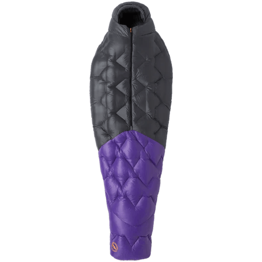 Black and purple quilted sleeping bag on a white background